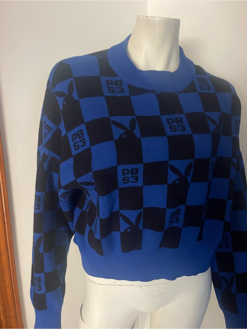 PLAYBOY Blue and Black Checkerboard Crewneck Sweater